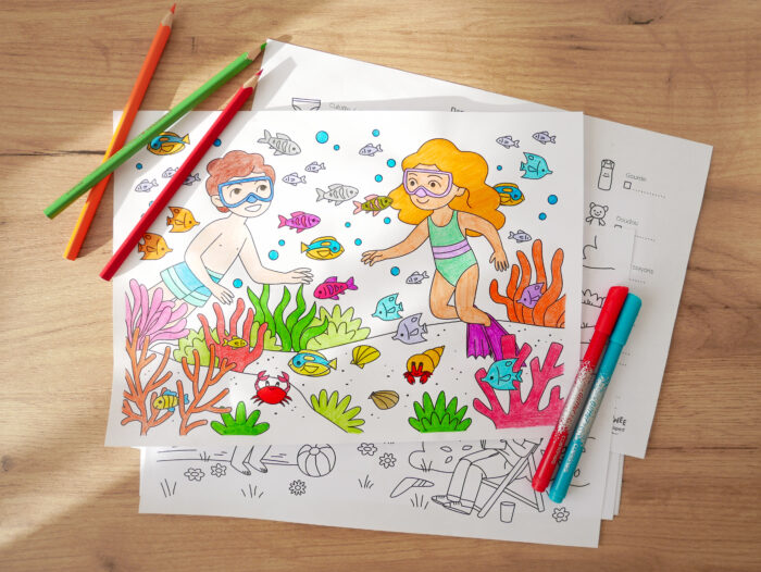 A coloured colouring sheet showing two children swimming