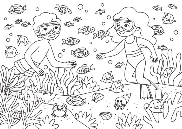A blank colouring sheet showing two children swimming