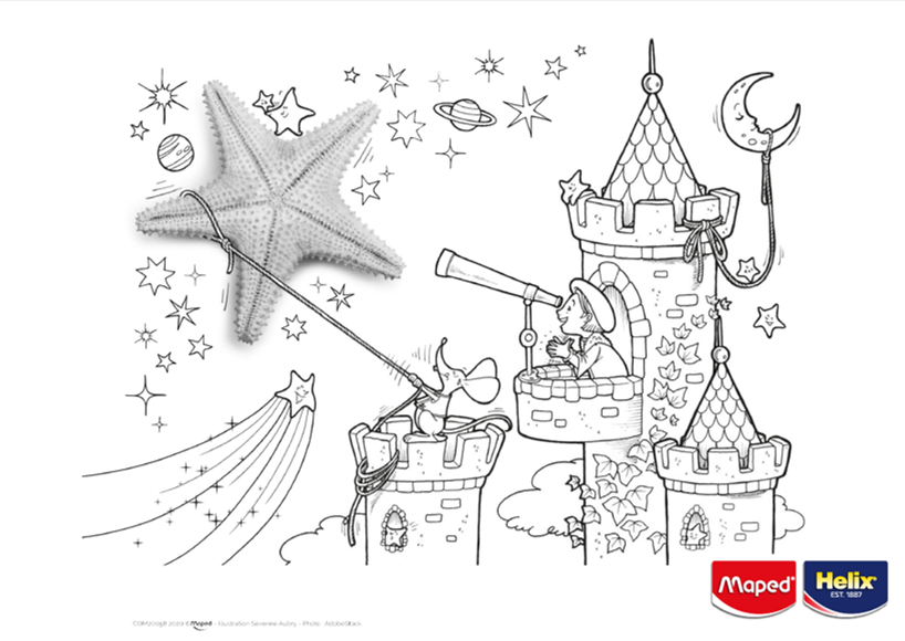 A colouring sheet showing a castle
