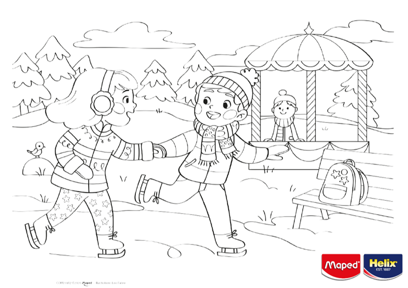 A colouring sheet showing children ice skating