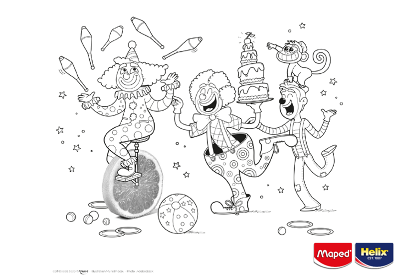 A colouring sheet showing clowns