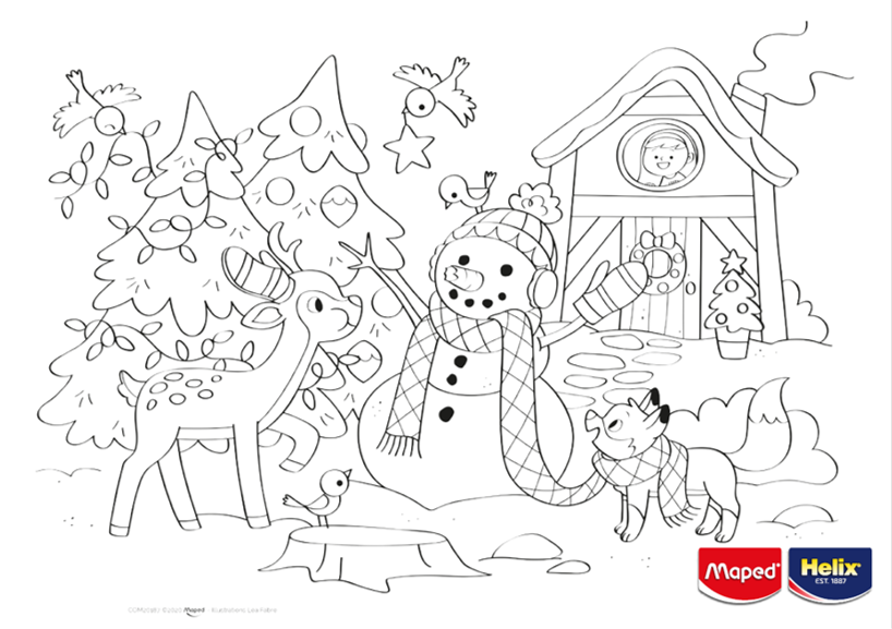 A colouring sheet showing a snowman and Christmas tree