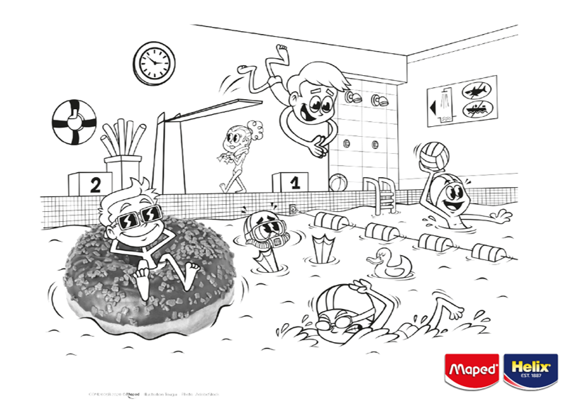 A colouring sheet showing children playing in a pool