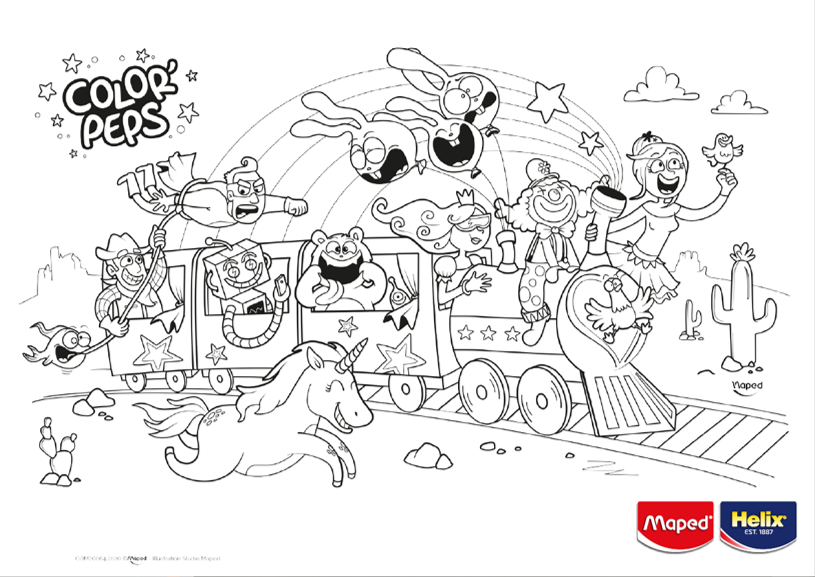 A colouring sheet showing characters on a train