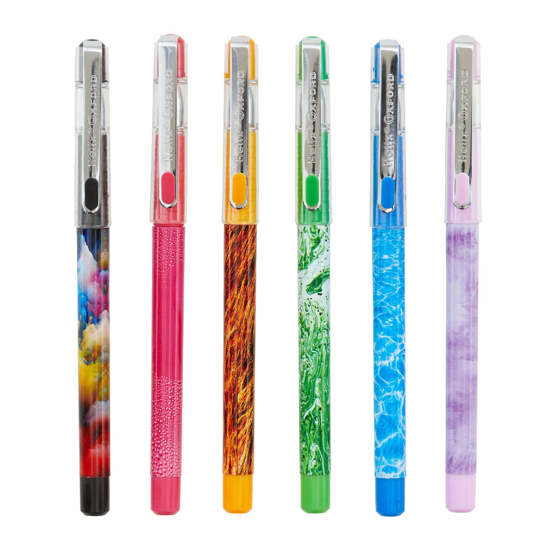 Six Oxford Illusions pens on a white background