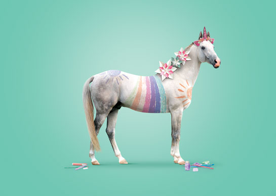 A unicorn decorated in pastel colours on a green background