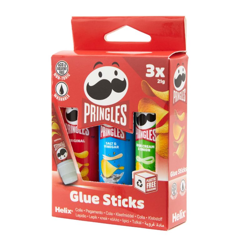 red, blue and green pringles glue sticks in packaging