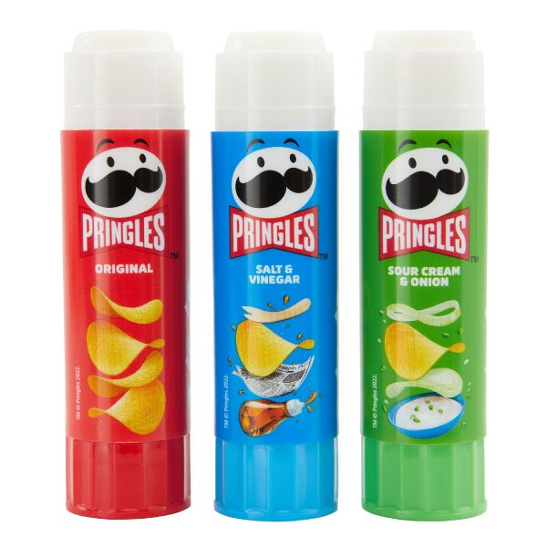 red, blue and green pringles glue sticks with lids off