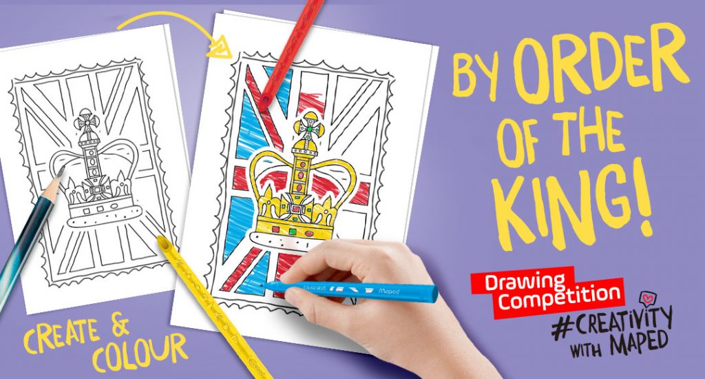 A picture of a hand colouring in a hand drawn stamp design with colouring pencils laying on the page