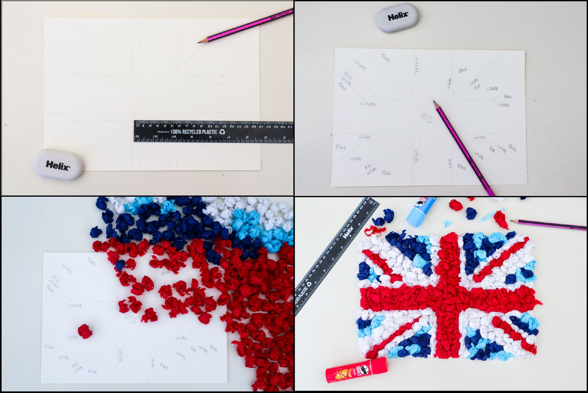 4 images showing the process of making a Union Jack collage