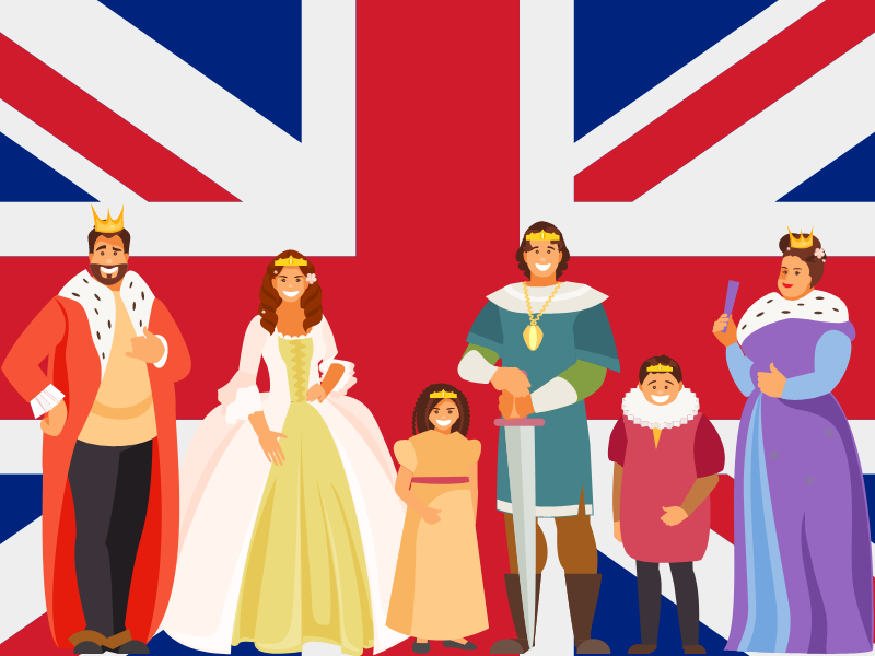 cartoon graphic showing a representation of a royal family in front of the Union Jack
