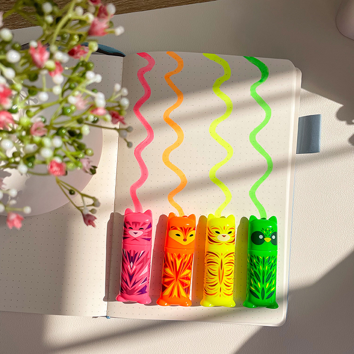 Pink, Orange, Yellow and Green neon mini friends highlighters with a swirling line in a notebook 