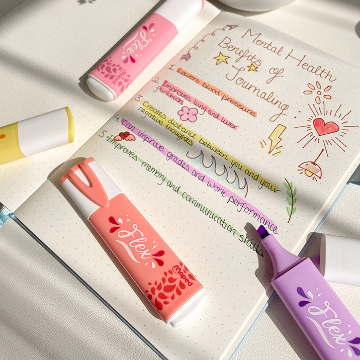 An open-paged journal surrounded by pink, peach and purple highlighters. 