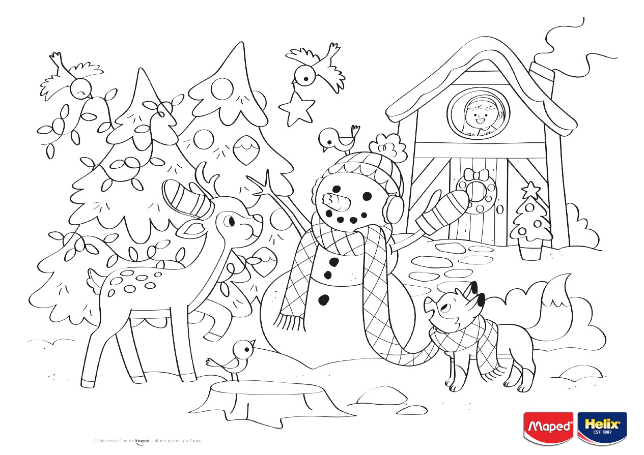 A wintery snow scene with snowmen and animals