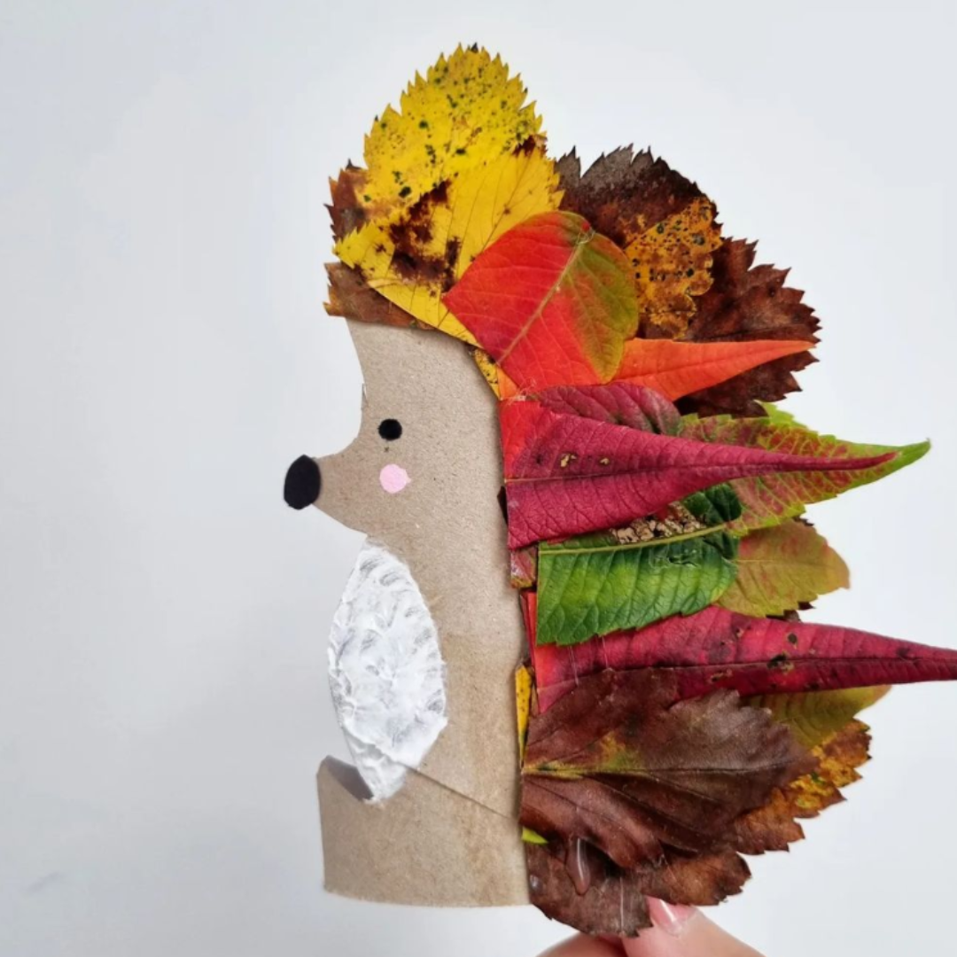 hedgehog side profile made from toilet roll cardboard and autumn leaves 