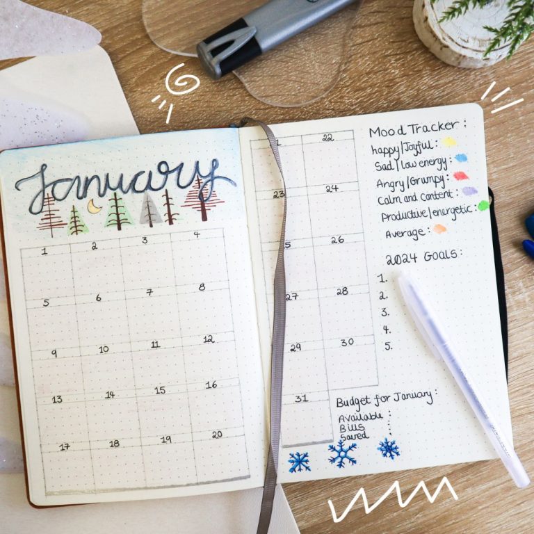 January 2024 bullet journal flatlay