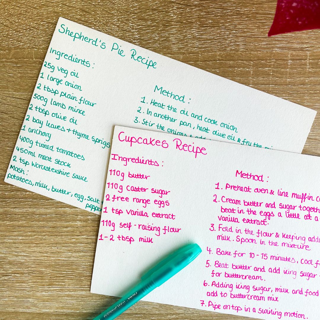 recipe cards in pink and green