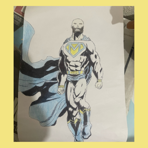 Cartoon superhero drawing on paper