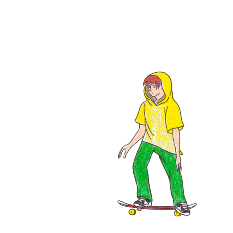 Animaker cartoon gif showing skateboarder in yellow top and green trousers