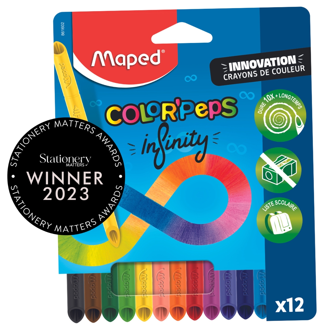 infinity colouring pencils with 2023 stationery award sticker