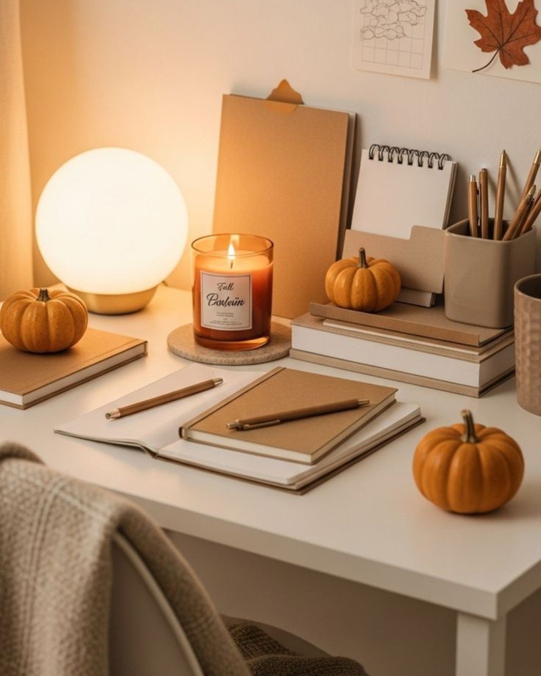 candles autumnal desk set up